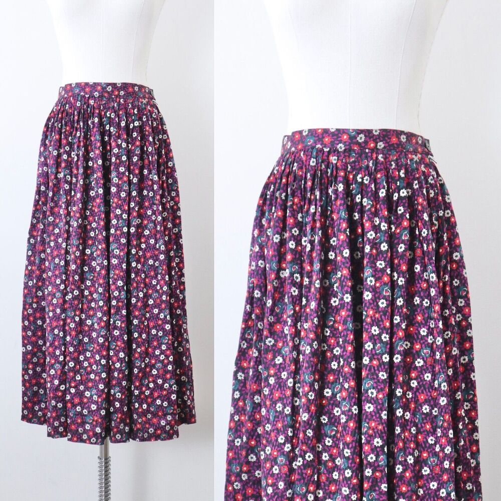 Vintage Vaccaro US 6 Silk High Waisted Midi Skirt Multicolor Purple Floral Print